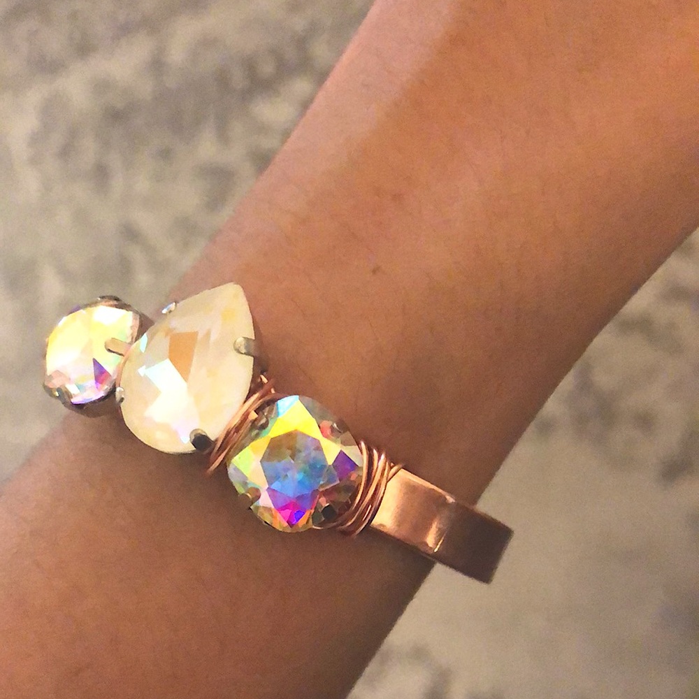 Raw Copper Aurora Borealis + White AB Crystal Cuff Bangle - Picture 5 of 16